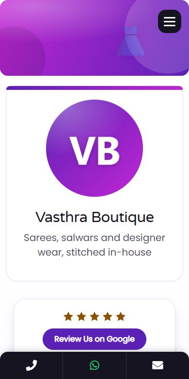 The BizGo page for Vasthra Boutique, a boutique in Trichy, shown on a phone