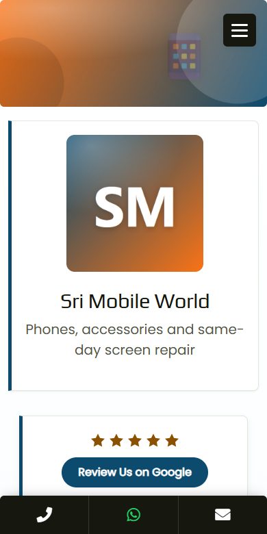 The BizGo page for Sri Mobile World, a mobile & electronics store in Salem, shown on a phone