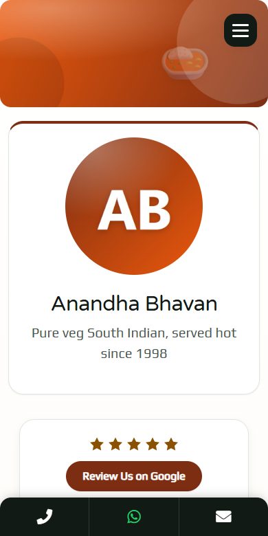 The BizGo page for Anandha Bhavan, a restaurant in Coimbatore, shown on a phone