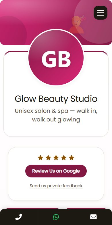 The BizGo page for Glow Beauty Studio, a beauty salon in Chennai, shown on a phone